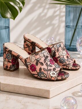 Stuart Weitzman Floral Embroidered Mule Heels, Pink Satin Slide Sandals Size 6.5